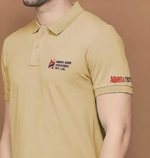Polo T-shirt printed with a company logo on the chest and sleeve