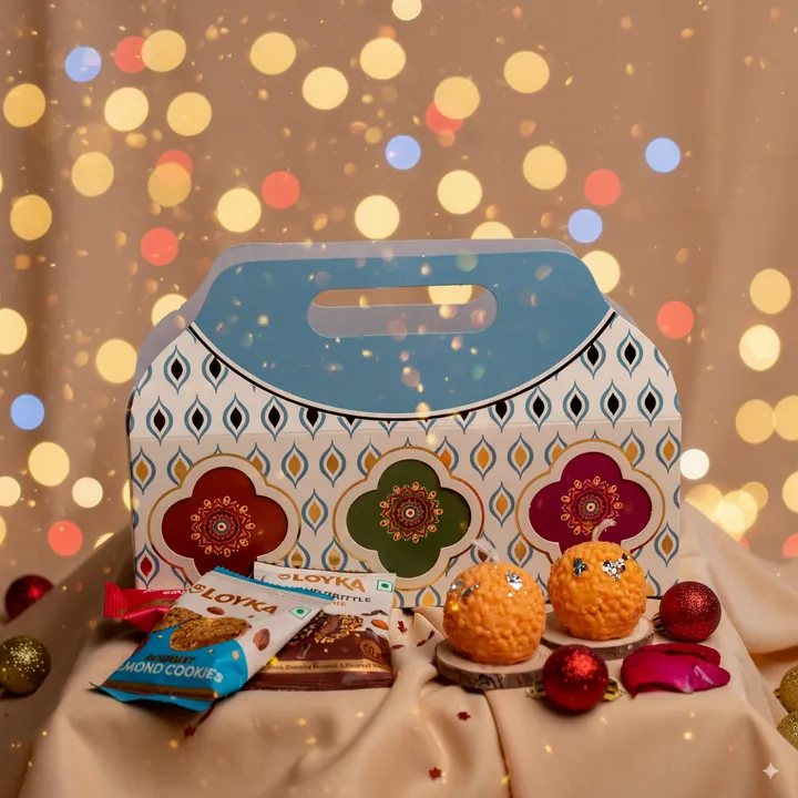 Almond Indulgence Gift Trio, a Diwali gift hamper with Loyka Almond Brittles, Loyka Almond Cookies and Loyka Almond Caramel Gourmet Dates