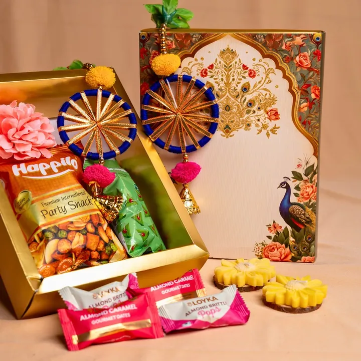 Celebration Crunch Hamper, a Diwali gift hamper with Happilo Party Snack, Madmix Raisins and Loyka Almond Caramel Dates