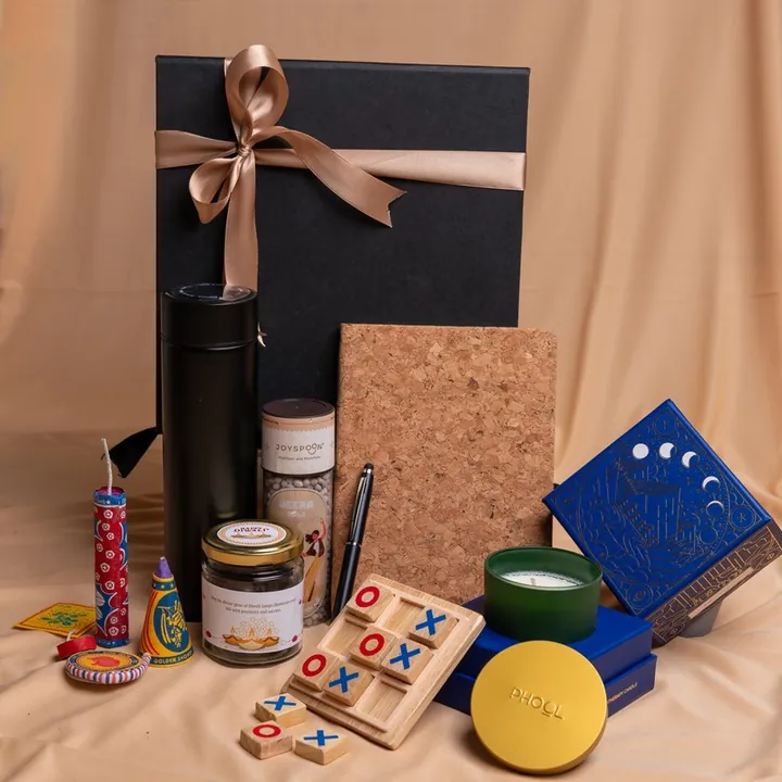Elegance & Essence Hamper, a corporate Diwali gift set with Cork diary with your branding, Metal pen and Temperature bottle