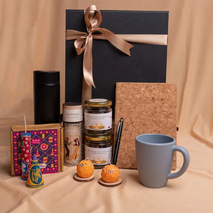 Elegant Eco-Friendly Hamper, a corporate Diwali gift set with Cork diary with your branding, Metal pen and Temperature bottle