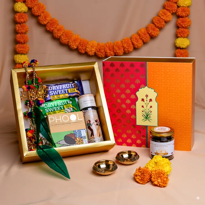 Shubh Diwali Delight Hamper, a Diwali gift hamper with Mixed dry fruits, Happilo Dryfruit Sweets and Joyspoon Jeera Goli