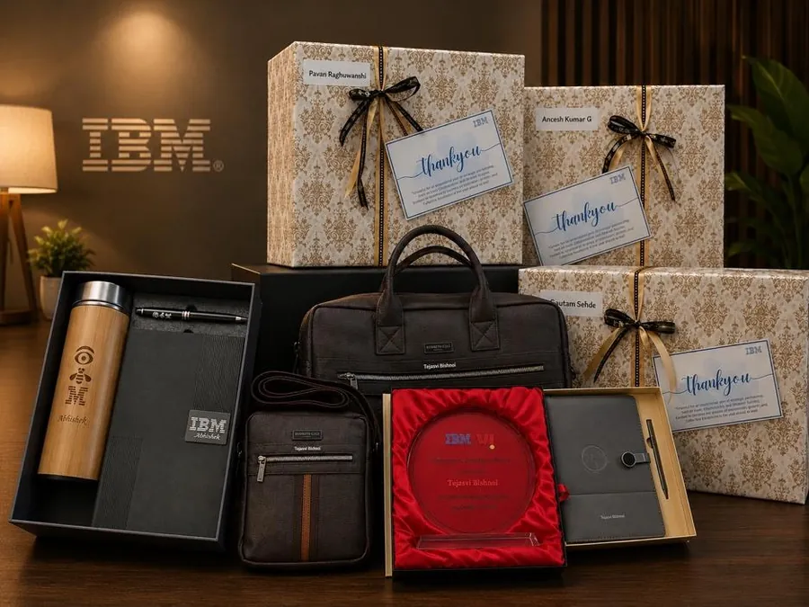 IBM leadership gifts: a bamboo flask and diary kit, leather bags and named gift boxes